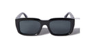 The Off-White Hays sunglasses feature a black rectangular frame and dark lenses, shown from the front on a white background.