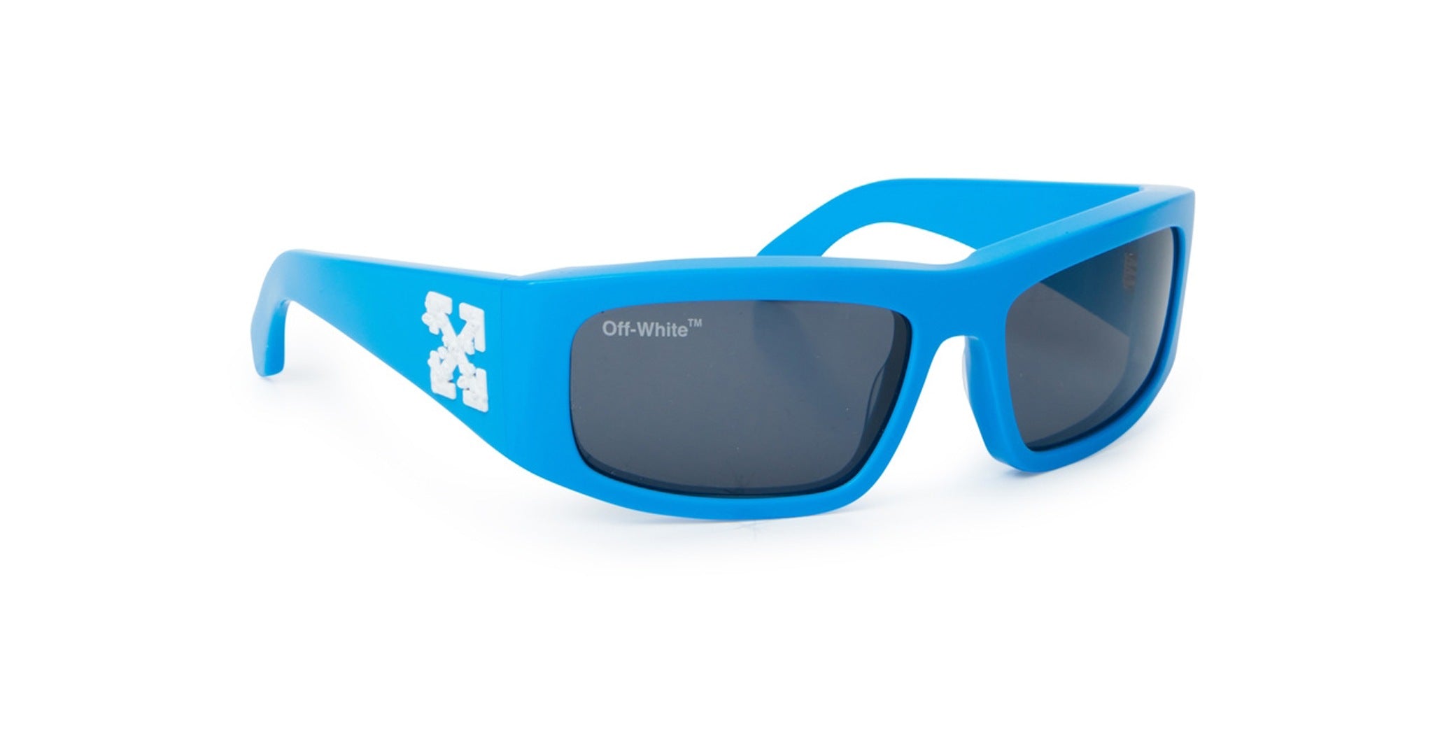Bright blue rectangular sunglasses with black lenses. The frame features white Off-White branding and arrow logos on the arms. The sunglasses are displayed on a white background.