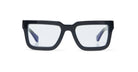 Front view of an Off-White Style 12 square acetate optical frame in Black with faint blue transparent lenses on a white background