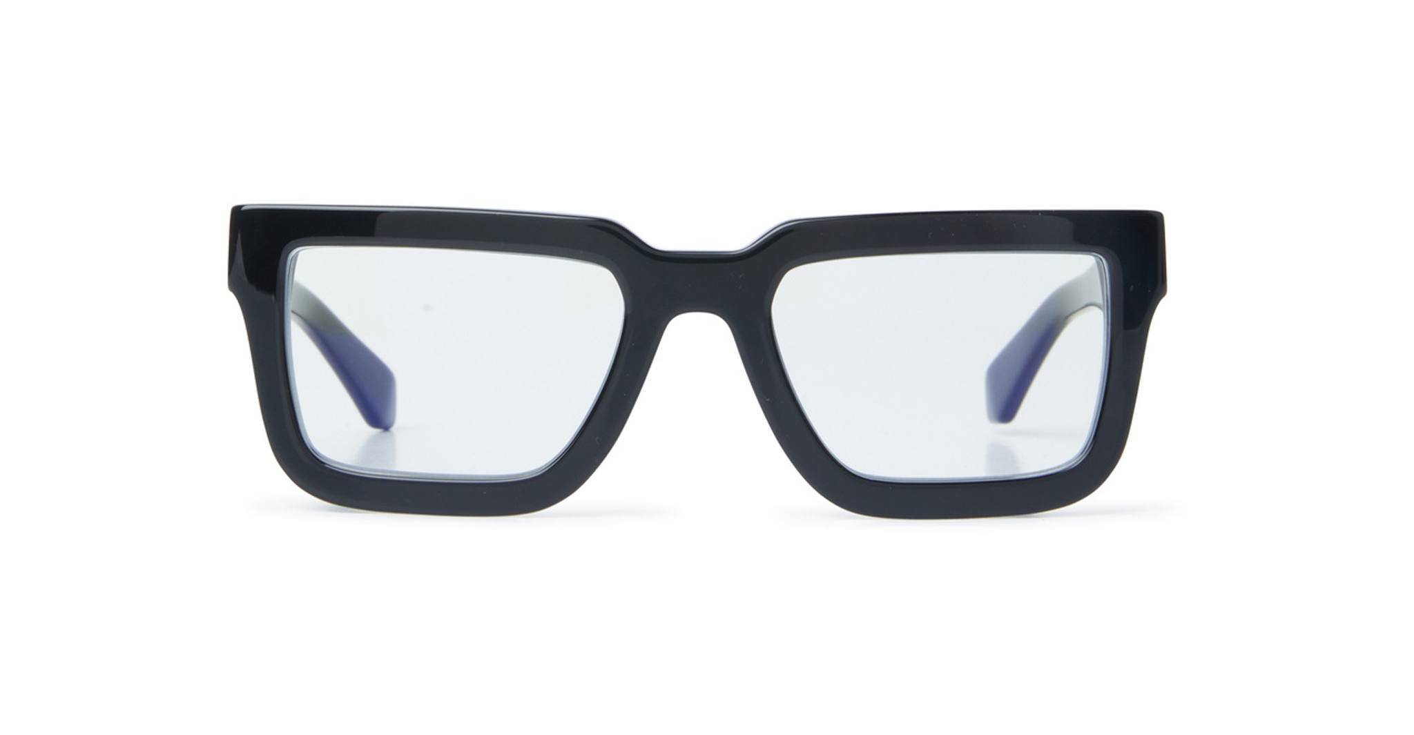 Front view of an Off-White Style 12 square acetate optical frame in Black with faint blue transparent lenses on a white background