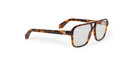 The Off-White Optical Style 33 - Universal Fit features a bold, square brown tortoiseshell frame with thick arms and clear lenses, displayed against a white background.