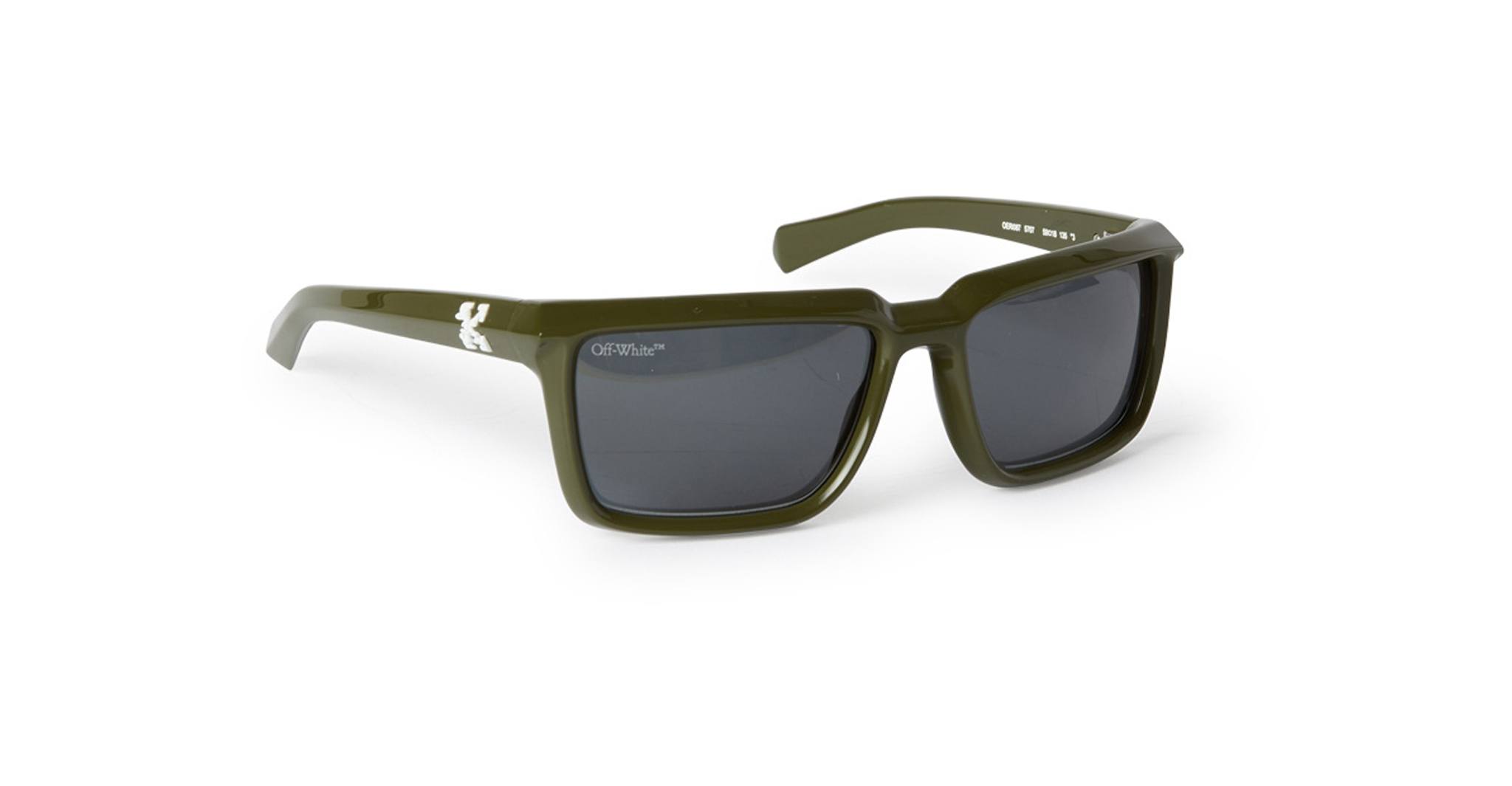 The Off-White Portland features rectangular dark lenses and an olive green plastic frame with a small white logo on the left temple.