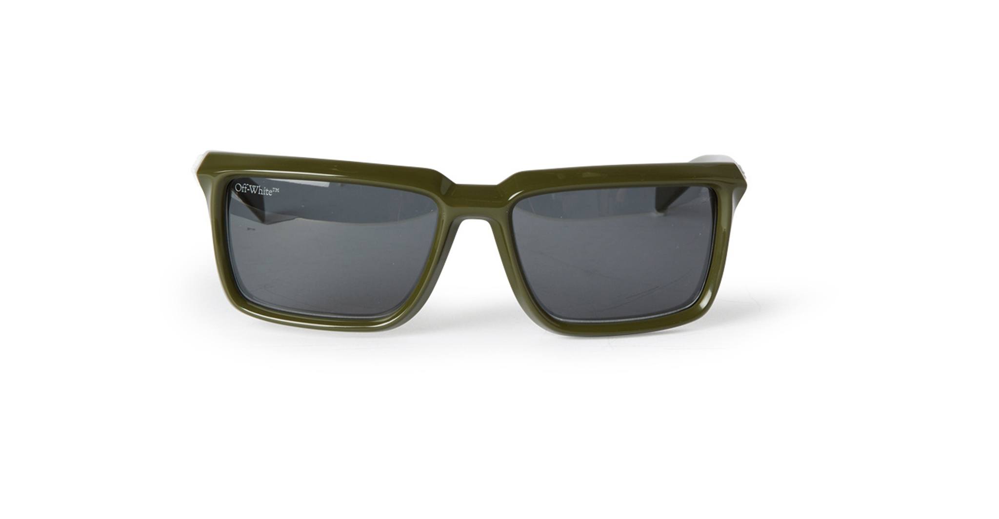 Off-White Portland rectangular sunglasses with dark lenses and an olive green frame, displayed from the front against a plain white background.