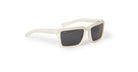 The Off-White Portland sunglasses feature thick, off-white rectangular frames and dark lenses, displayed on a white background. One temple arm is turned to reveal small printed details inside.