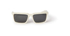 The Off-White Portland features rectangular sunglasses with off-white frames and dark lenses, shown on a white background.