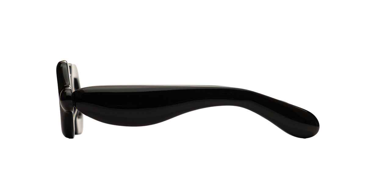 Side view of the Paloceras Pebble SX double black sunglasses showing a sweeping curve.