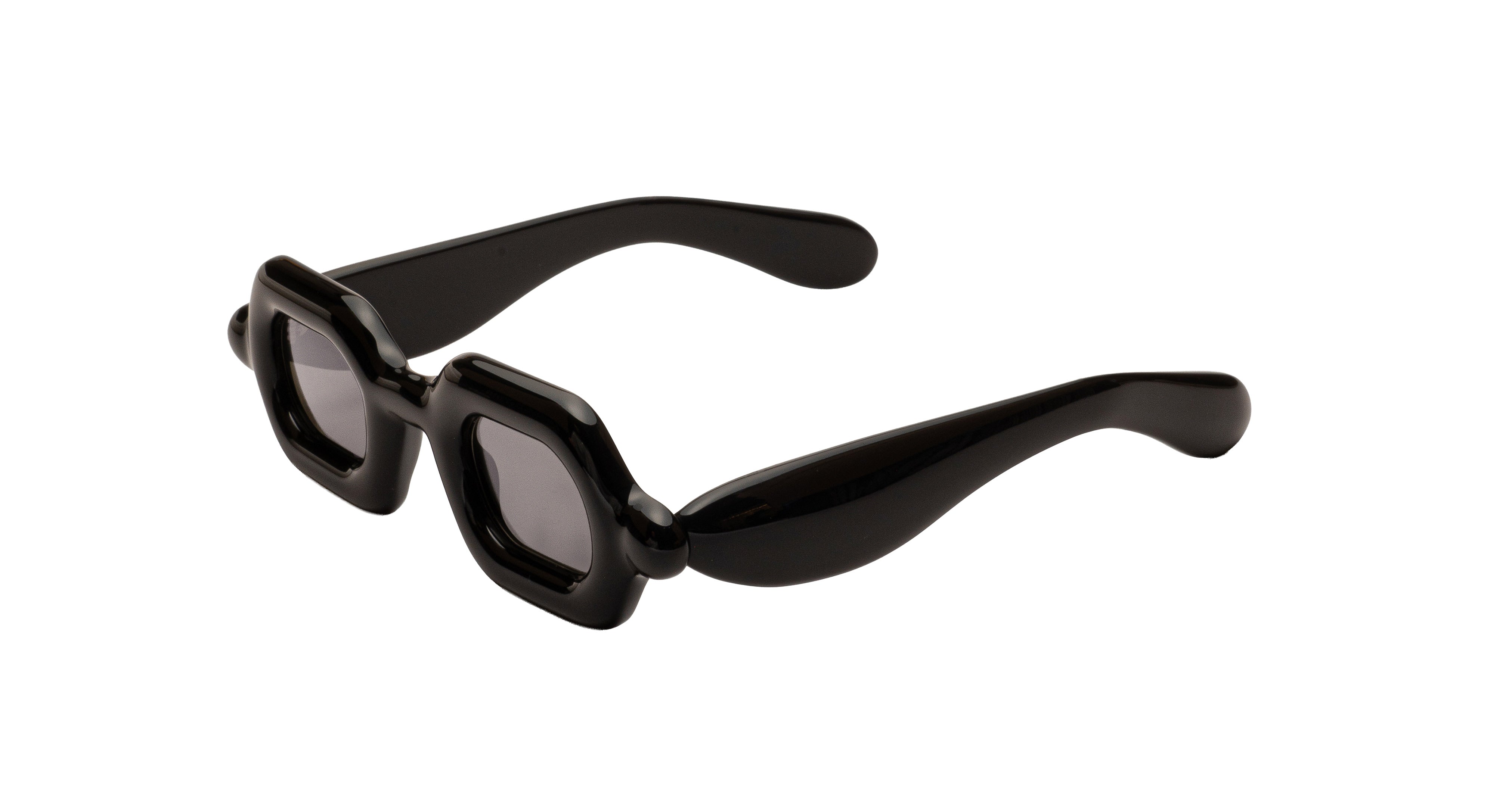 Paloceras Pebble SX double black sunglasses with glossy black frame and dark gray tinted lenses shown at an angle