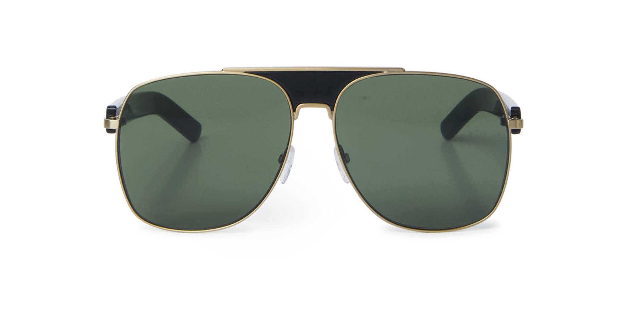 The Palm Angels Bay features aviator-style sunglasses with gold metal frames, green-tinted rectangular lenses, and a black top bar, displayed on a white background.