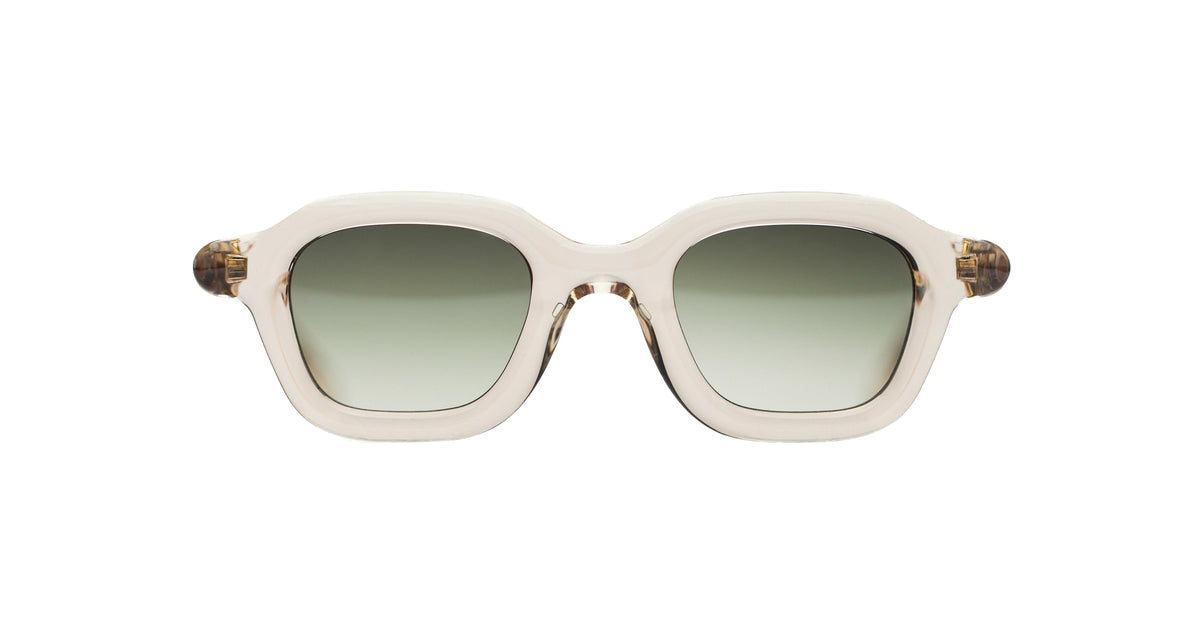 Paloceras A2 rectangular sunglasses with clear frames and green gradient UV lenses, front view.