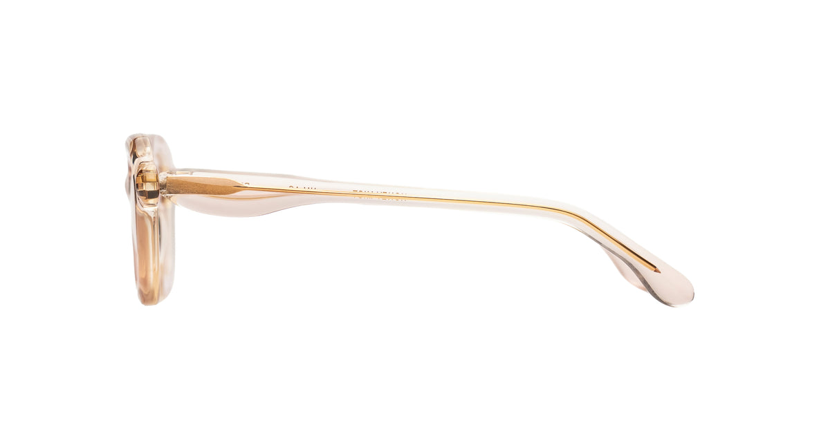 Paloceras A2 eyeglasses, side view, featuring translucent beige frame and gold temples.