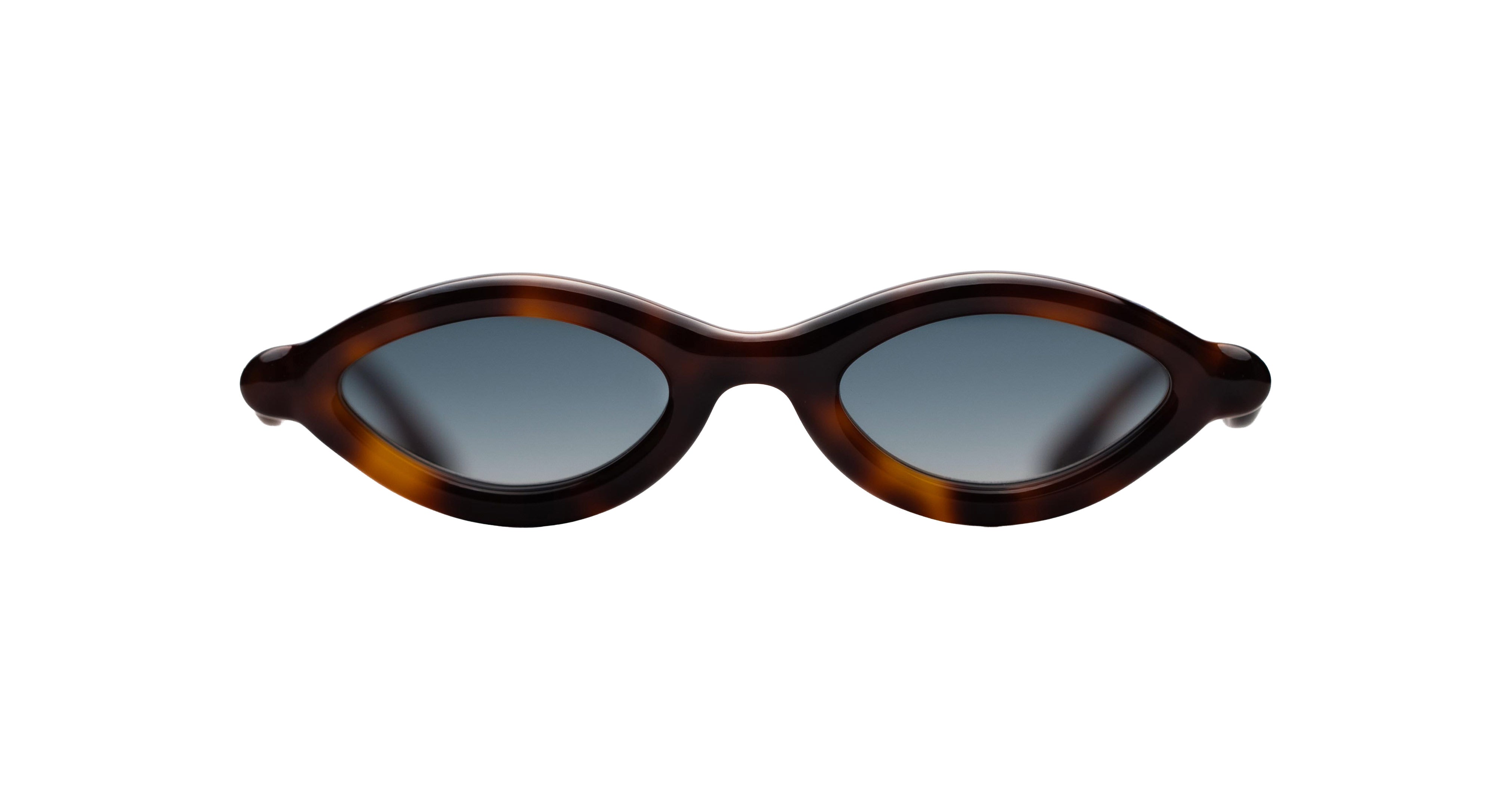 Paloceras D2 cateye sunglasses in Havana Gold, a dark tortoise frame with warm amber highlights and blue-gray lenses, front view