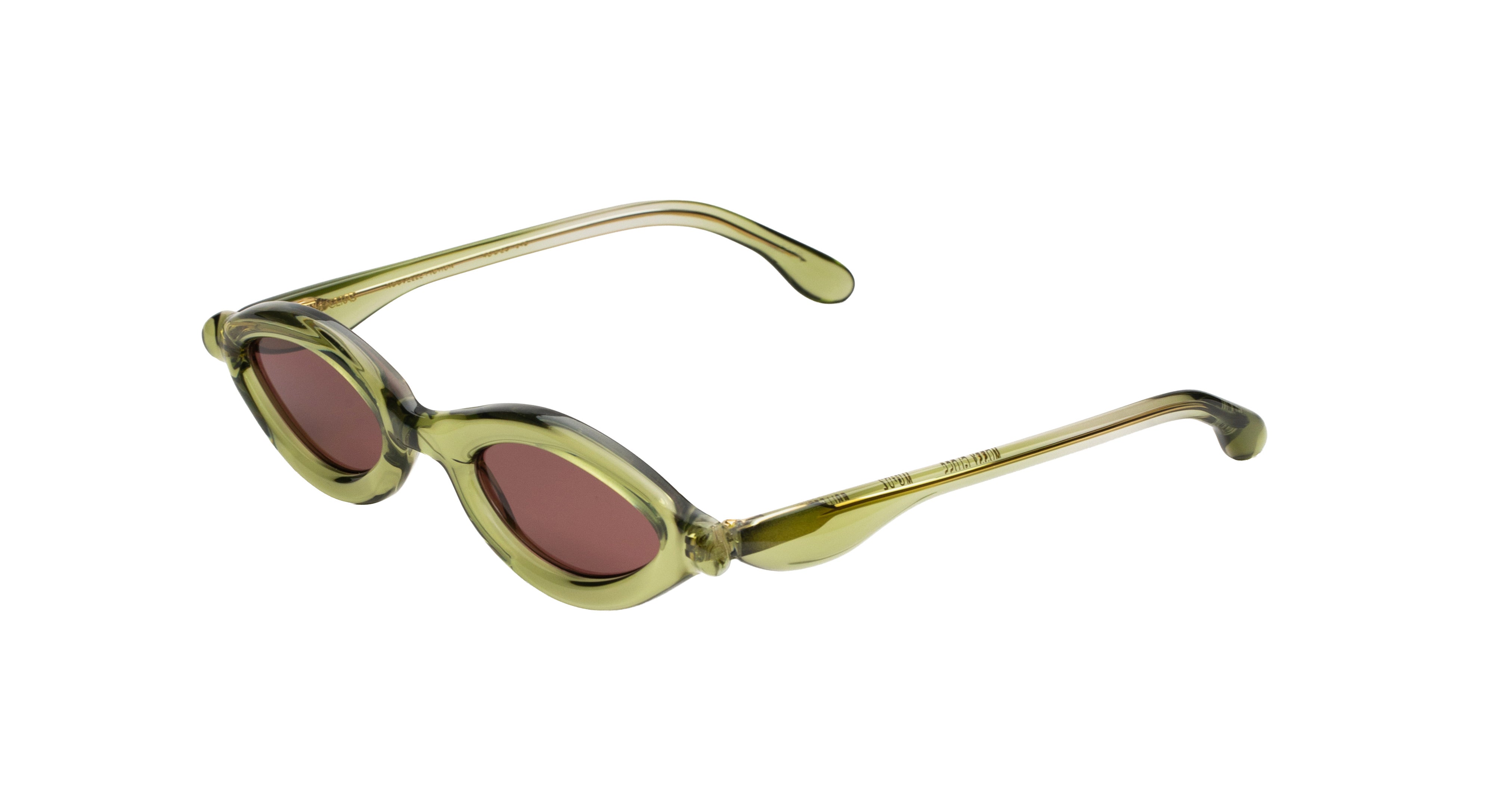 Paloceras D2 oval cateye sunglasses in Mossy Gloss, a translucent mossy yellow-green frame with muted rose lenses, angled view