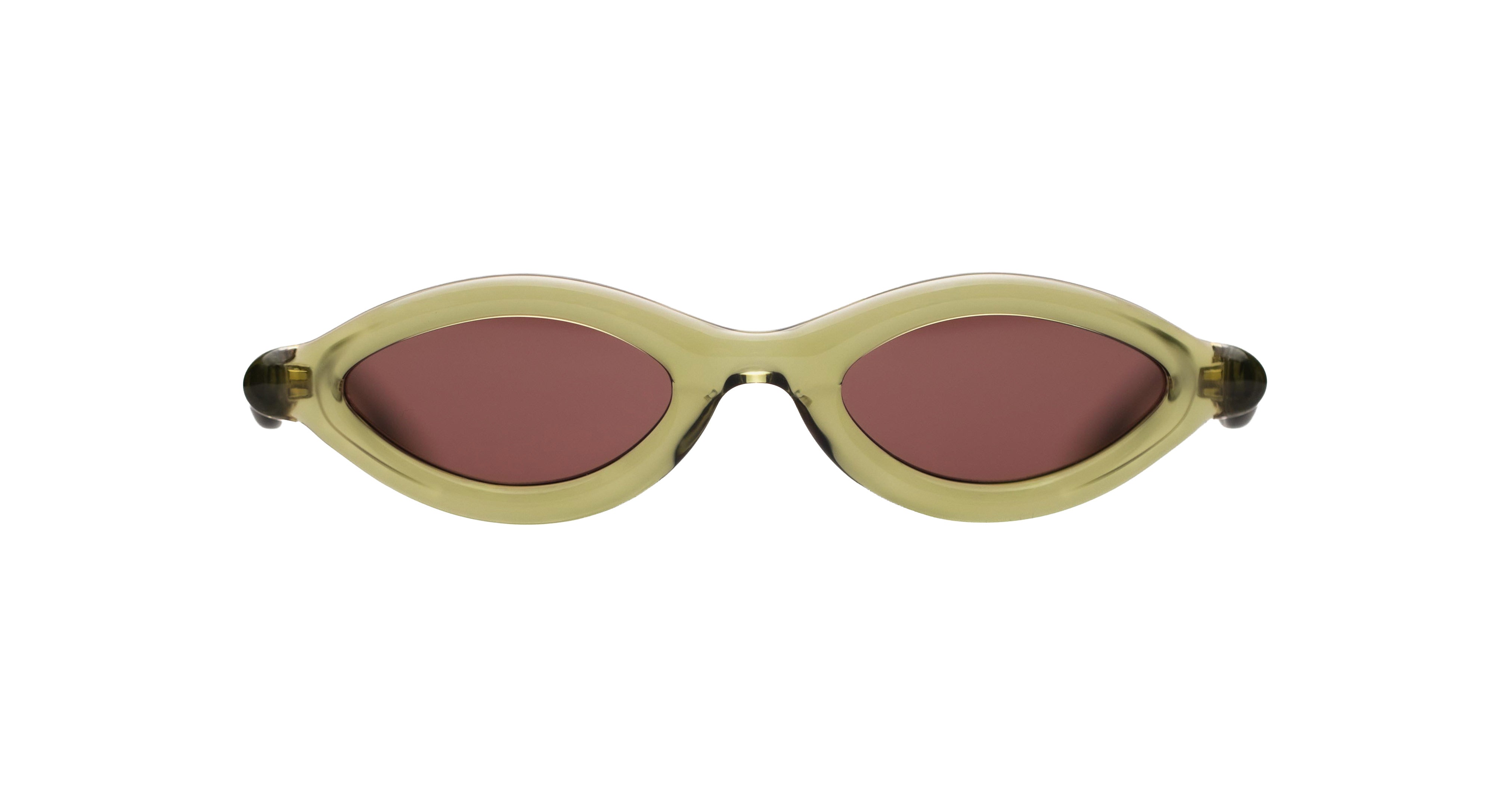 Paloceras D2 cateye sunglasses in Mossy Gloss, a translucent mossy yellow-green frame with muted rose lenses, front view