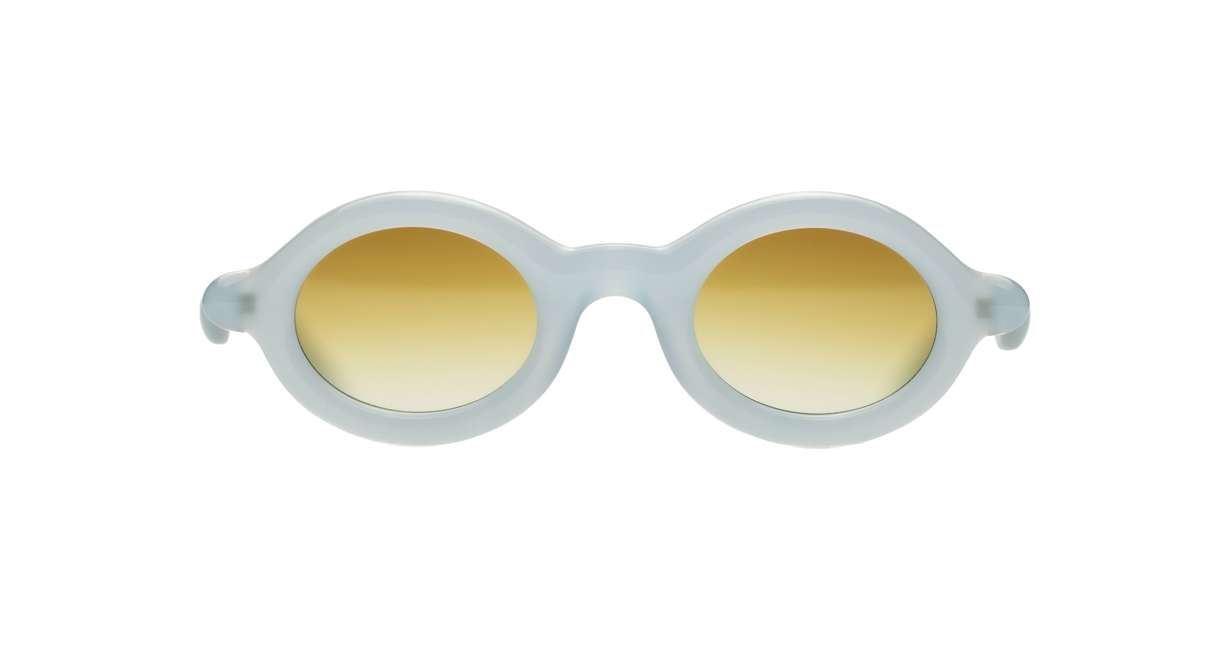 Paloceras Nouvelle Fiction R2 Milky Blue sunglasses in a pale translucent blue frame with thick rounded oval rims and warm golden gradient lenses, front view