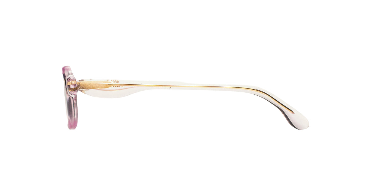 Paloceras S2 rectangular sunglasses in Liquid Pink, a translucent pale pink frame with rose-brown lenses, side view