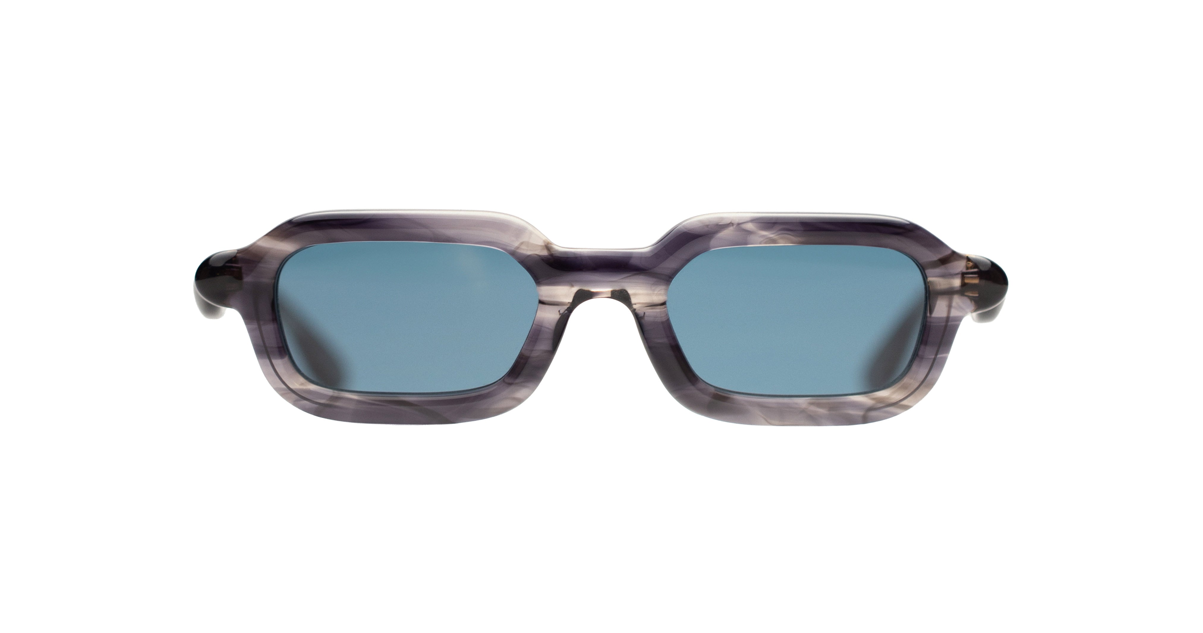 Paloceras S2 rectangular sunglasses in Night Nectar, translucent smoky purple-gray with blue lenses, front view.