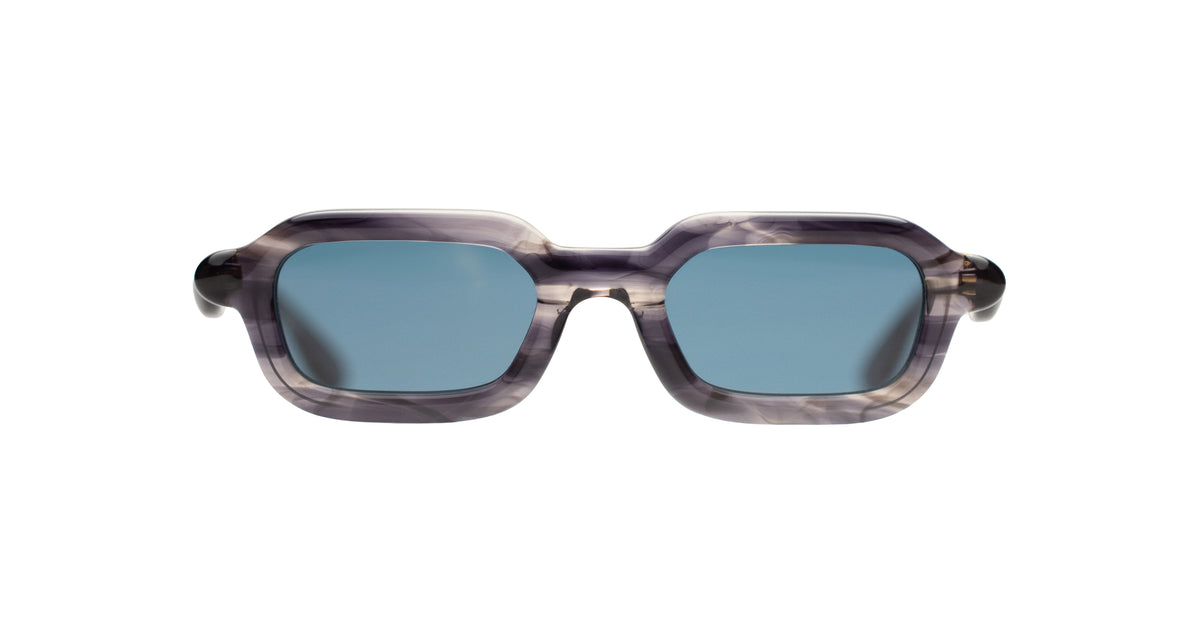 Paloceras S2 rectangular sunglasses in Night Nectar, translucent smoky purple-gray with blue lenses, front view.