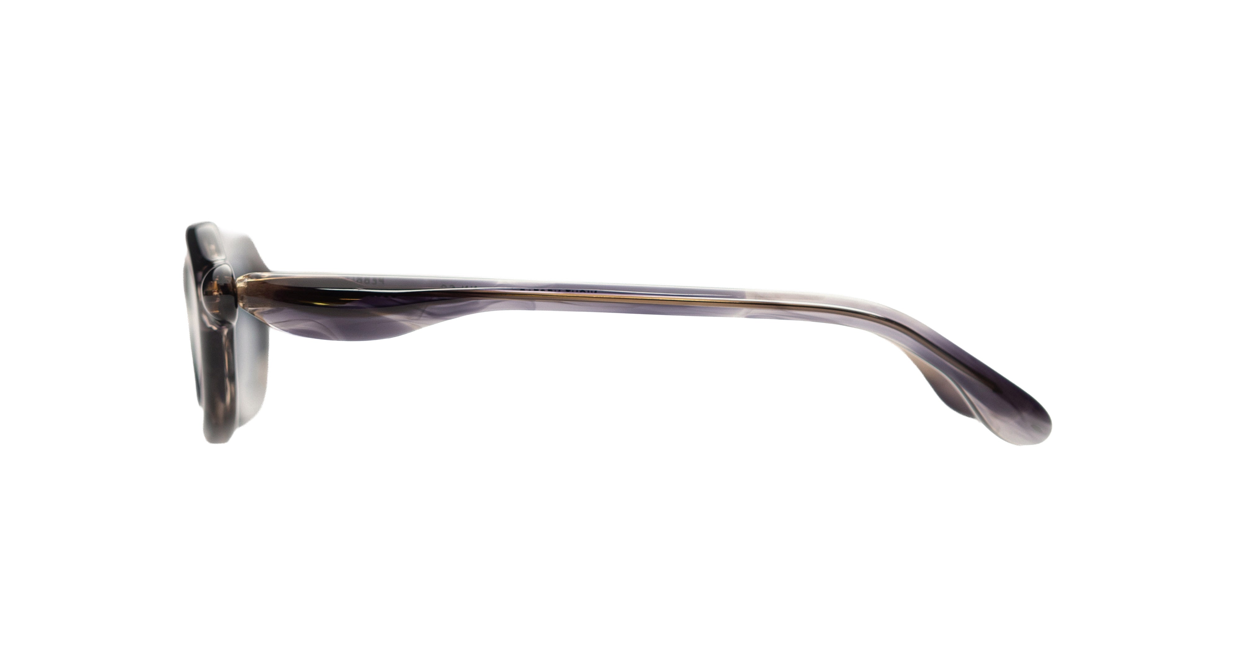 Paloceras S2 rectangular sunglasses in Night Nectar, translucent smoky purple-gray with blue lenses, side view