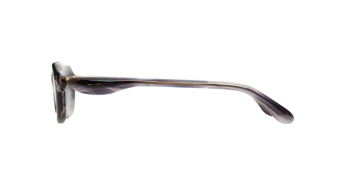 Paloceras S2 rectangular sunglasses in Night Nectar, translucent smoky purple-gray with blue lenses, side view