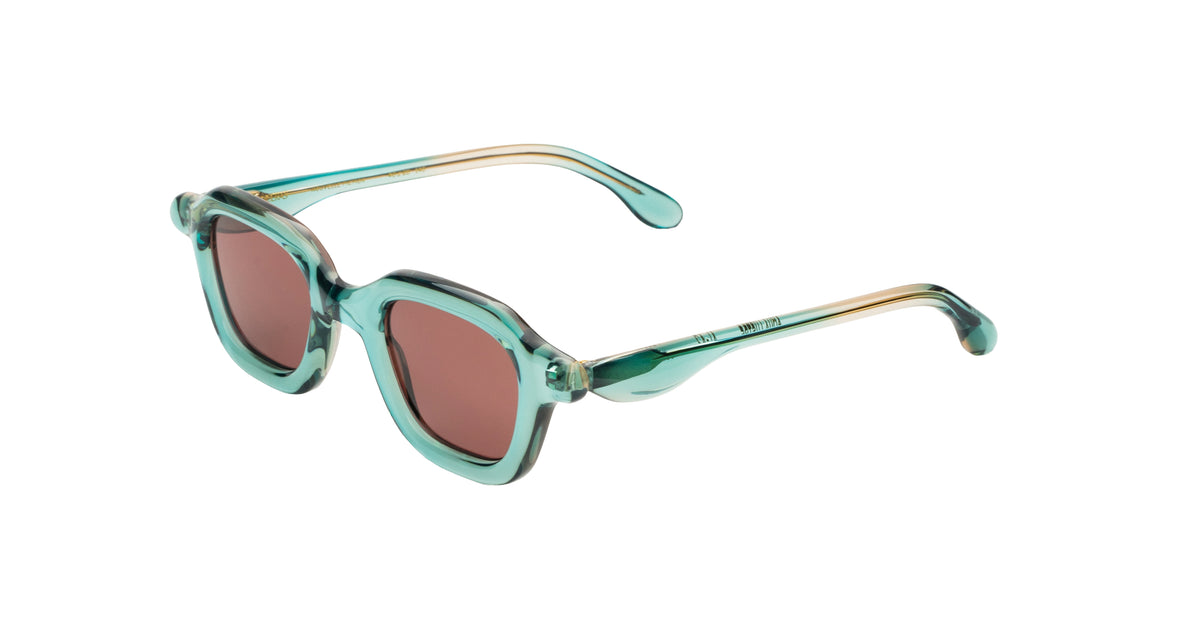 Paloceras A2 sunglasses by Paloceras with green frames and brown lenses, viewed at an angle.