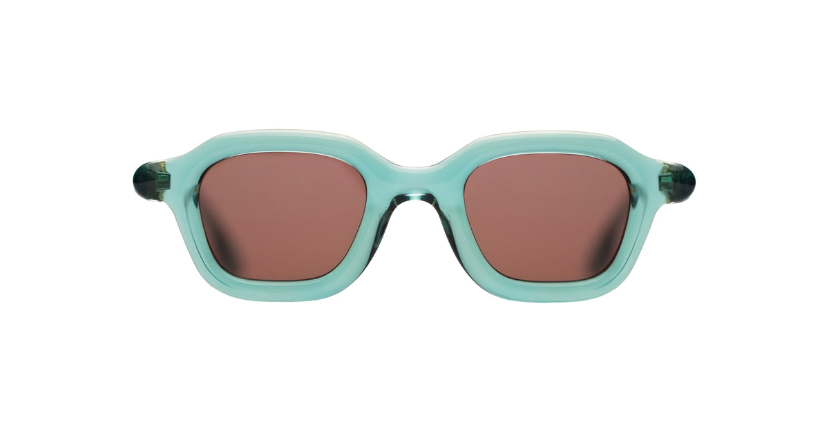 Paloceras A2 sunglasses, front view, featuring thick light teal frames and rectangular brown-tinted lenses.