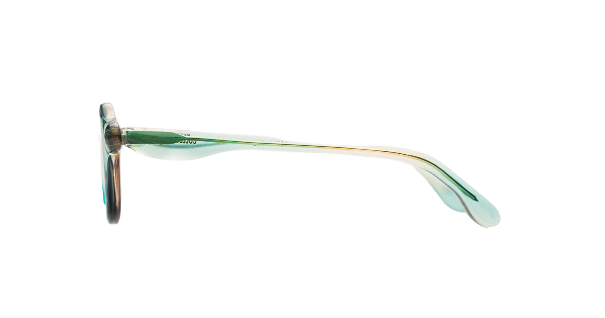 Side view of Paloceras A2 round clear eyeglasses with curved temples, Paloceras brand, eyeglasses.