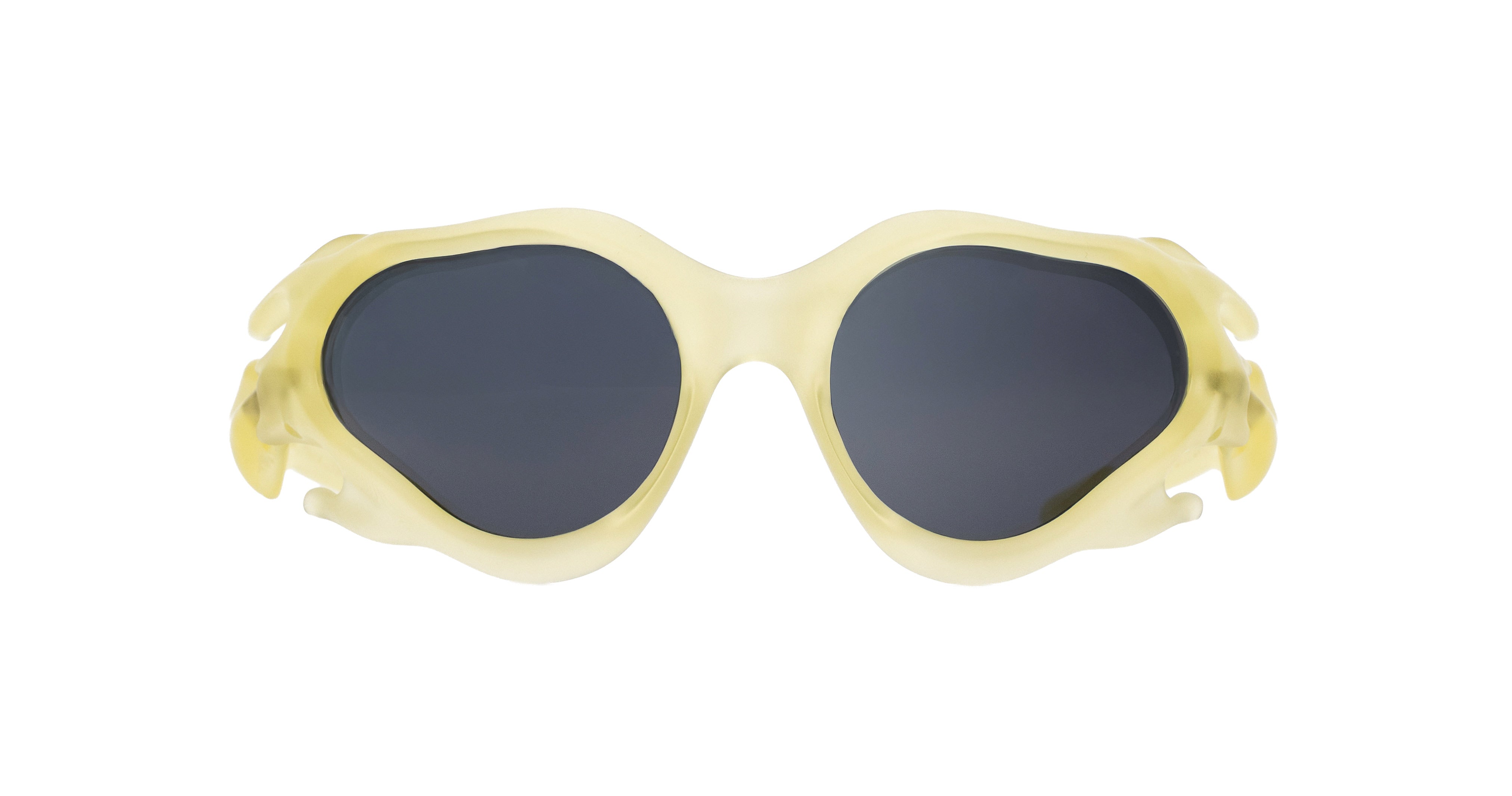 Paloceras Hydroceras sculpted organic oval sunglasses in Oneryth, with a translucent pale yellow frame and dark gray lenses, front view.