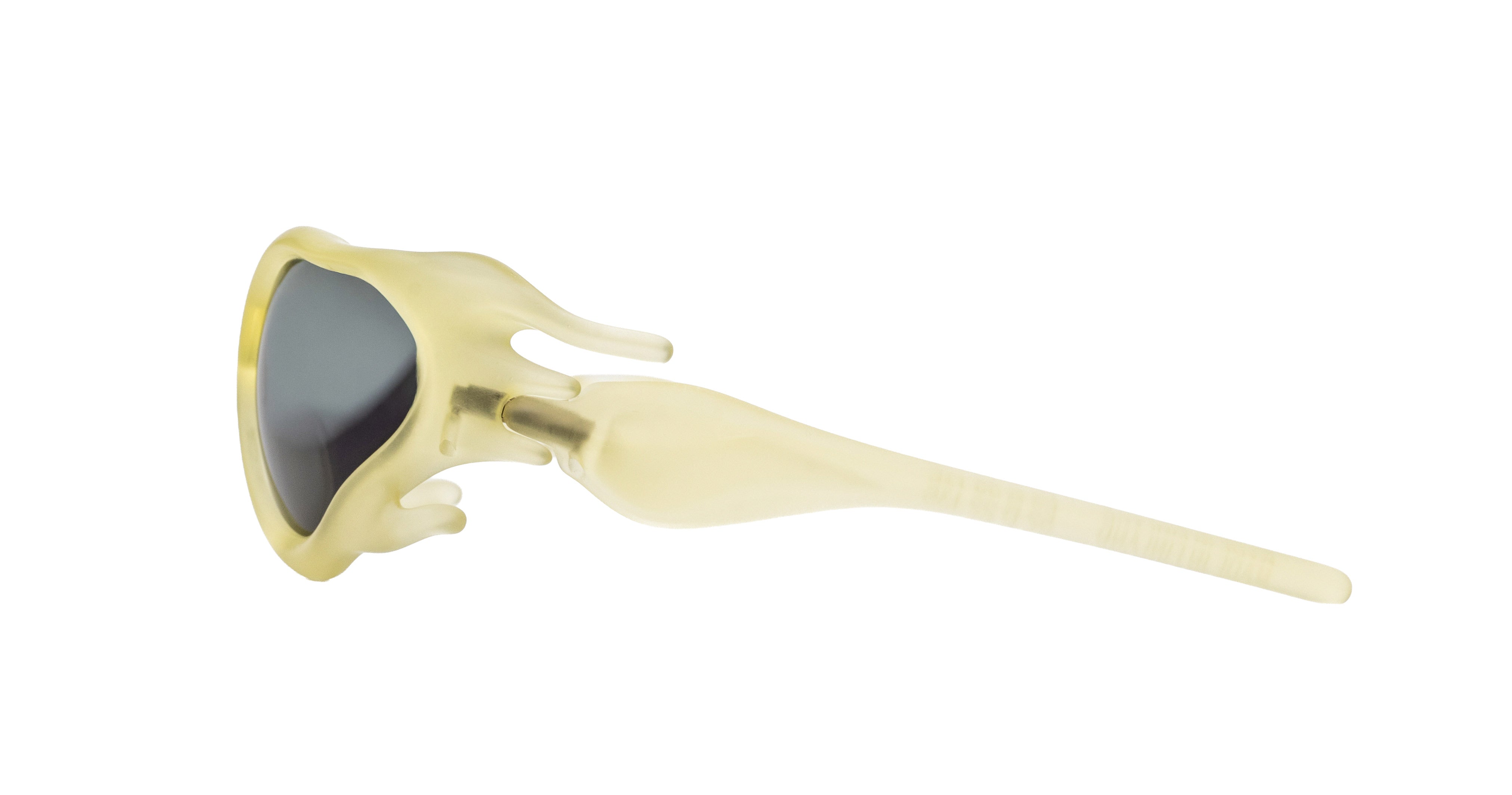 Paloceras Hydroceras sculpted organic oval sunglasses in Oneryth, with a translucent pale yellow frame and dark gray lenses, side view.