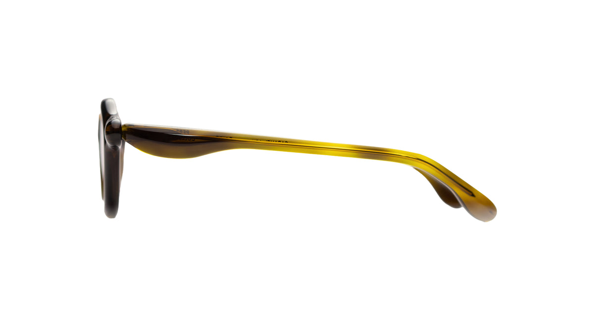 Side profile of Paloceras A2 Caramel Ash sunglasses with a translucent amber-yellow acetate frame and dark brown temples.