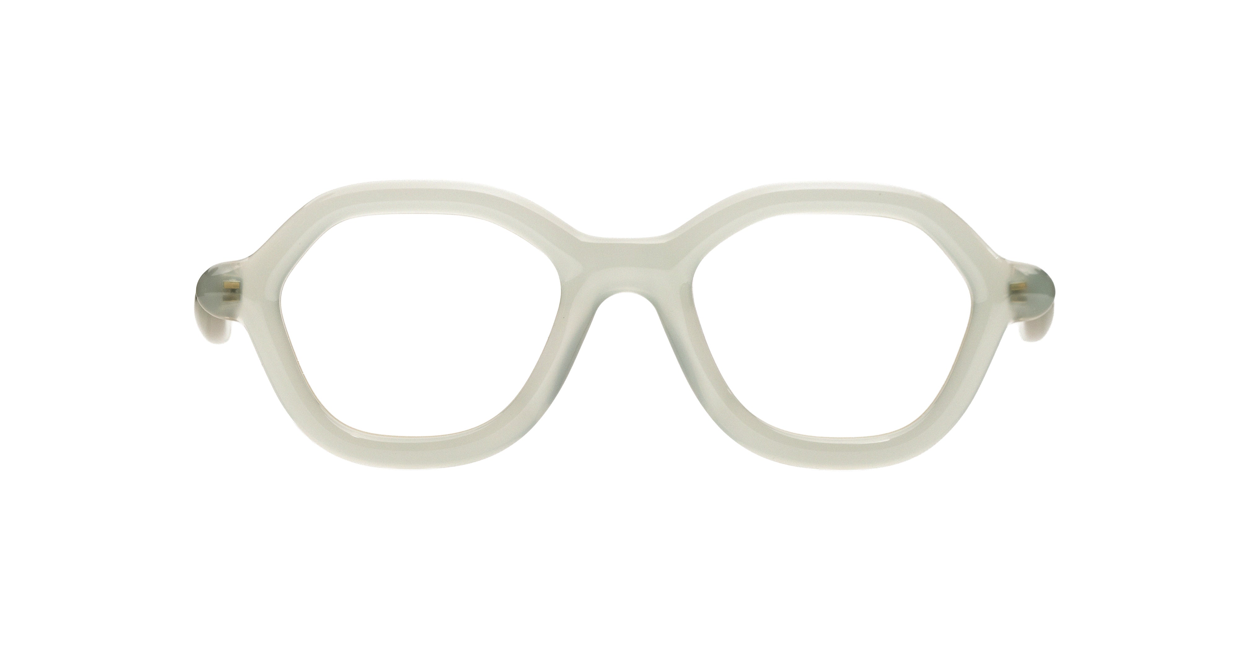 A pair of chunky pale green Paloceras eyeglass frames made of translucent pale green acetate, shown from the front