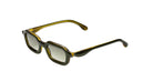 Paloceras Nouvelle Fiction S2 Wasabi Haze sunglasses in a translucent olive green frame with golden yellow highlights, softly rectangular rims, and pale green lenses, three-quarter view