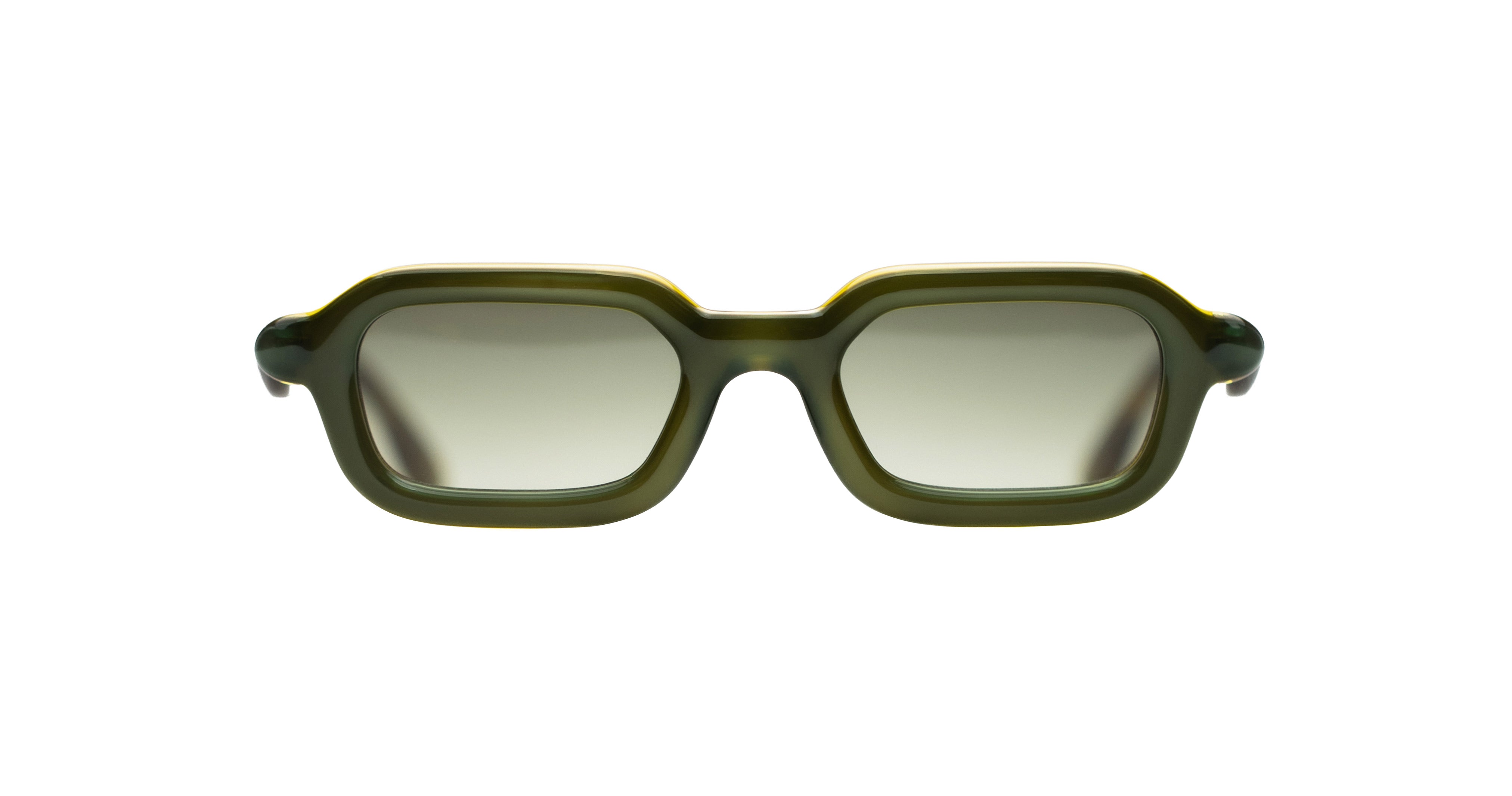 Paloceras Nouvelle Fiction S2 Wasabi Haze sunglasses in a translucent olive green frame with golden yellow highlights, softly rectangular rims, and pale green lenses, front view