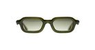 Paloceras Nouvelle Fiction S2 Wasabi Haze sunglasses in a translucent olive green frame with golden yellow highlights, softly rectangular rims, and pale green lenses, front view