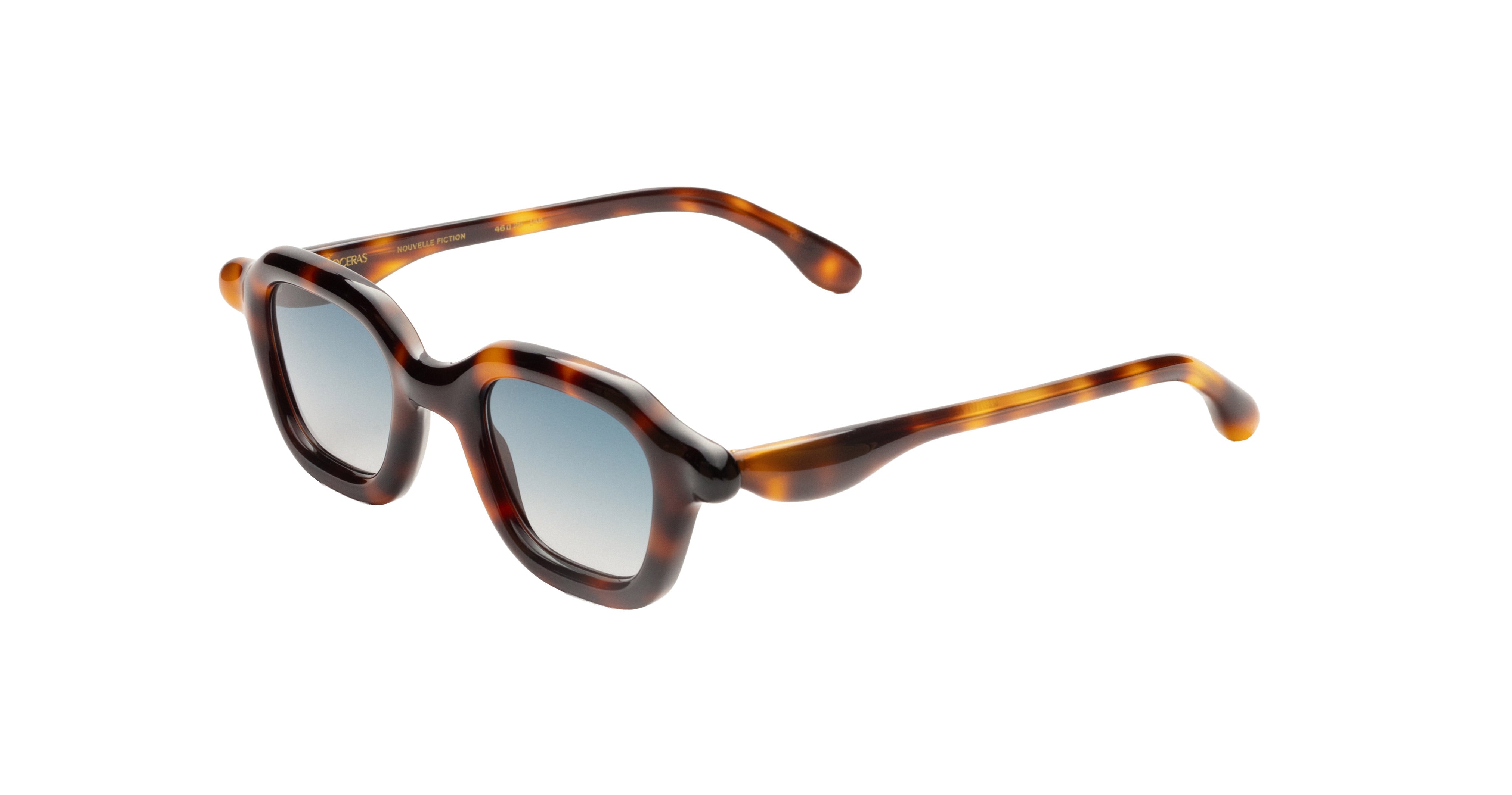 Paloceras Nouvelle Fiction A2 Havana Gold sunglasses with a thick rounded trapezoidal shape, blue gradient lenses, and curved temples, three-quarter view