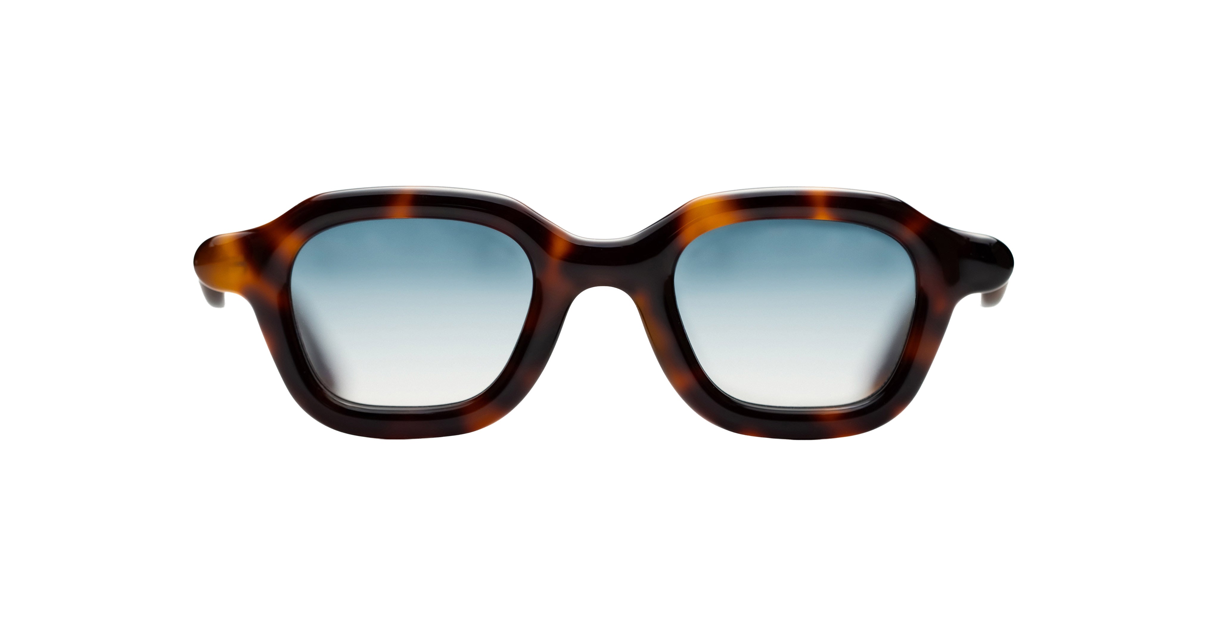 Paloceras Nouvelle Fiction A2 Havana Gold sunglasses with a thick rounded trapezoidal shape and blue gradient lenses, front view