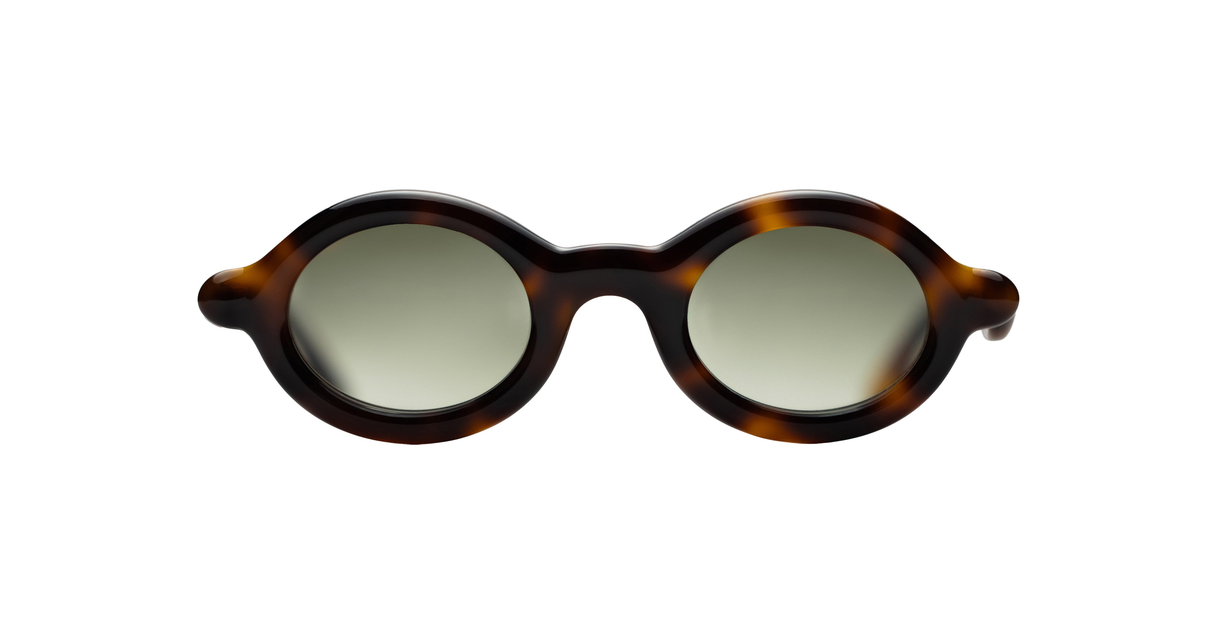 Paloceras Nouvelle Fiction R2 Havana Gold sunglasses in a dark brown tortoiseshell frame with warm amber highlights, rounded oval rims, and pale green lenses, front view