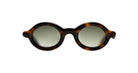 Paloceras Nouvelle Fiction R2 Havana Gold sunglasses in a dark brown tortoiseshell frame with warm amber highlights, rounded oval rims, and pale green lenses, front view
