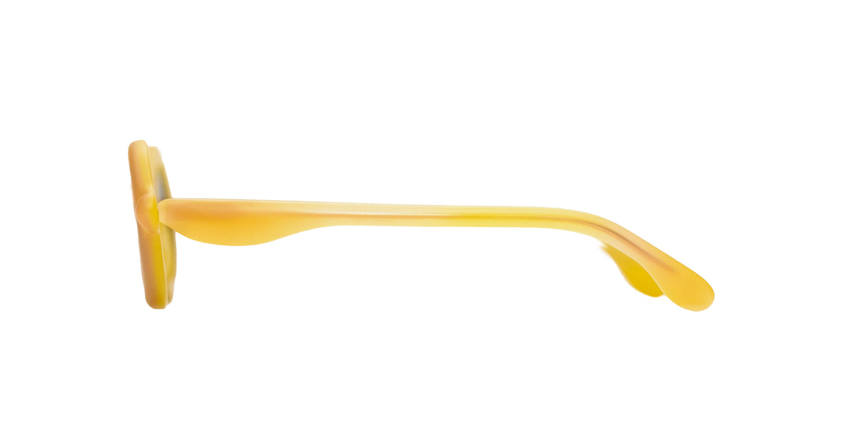 Paloceras Nouvelle Fiction R2 Melon Dust sunglasses in a warm translucent golden yellow frame with slim curved temples, side view