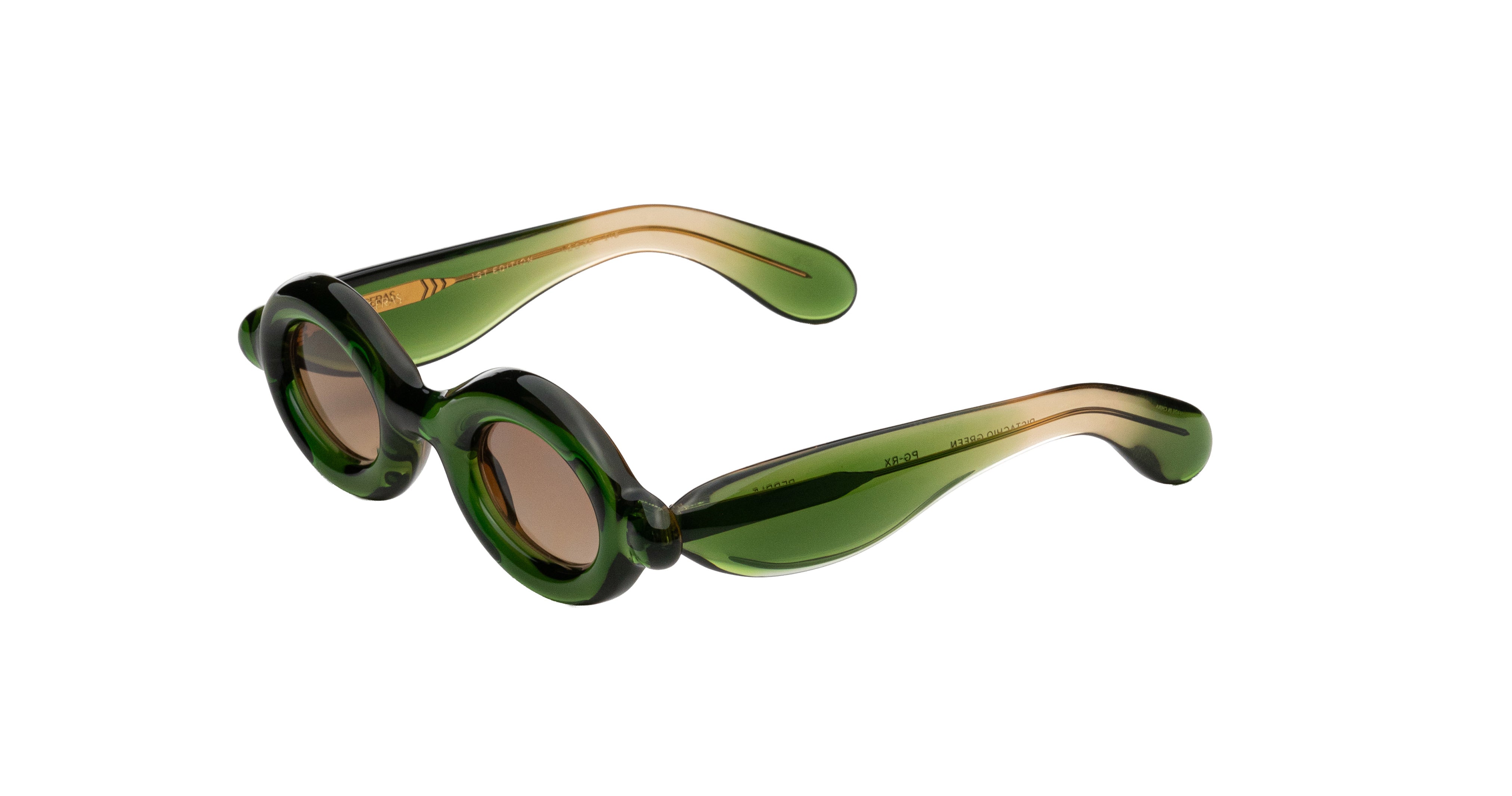 Oval Paloceras sunglasses with a translucent olive green frame and brown-tinted lenses, angled view.
