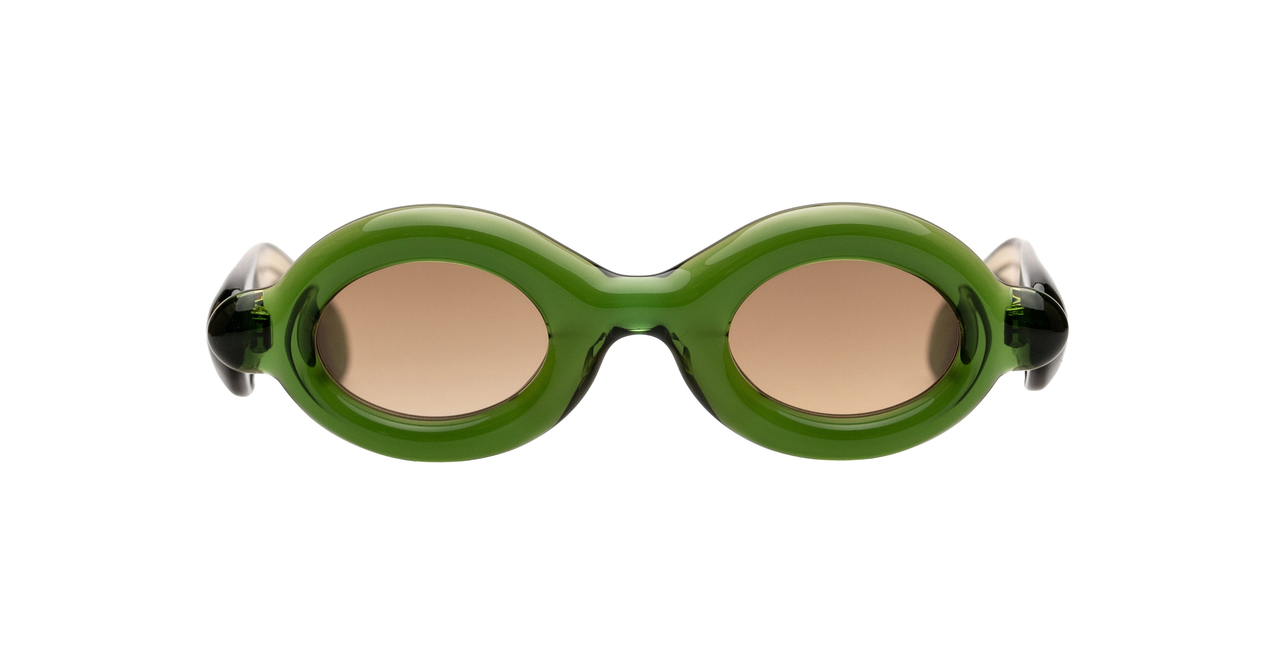 Oval Paloceras sunglasses with a translucent olive green frame and brown-tinted lenses

