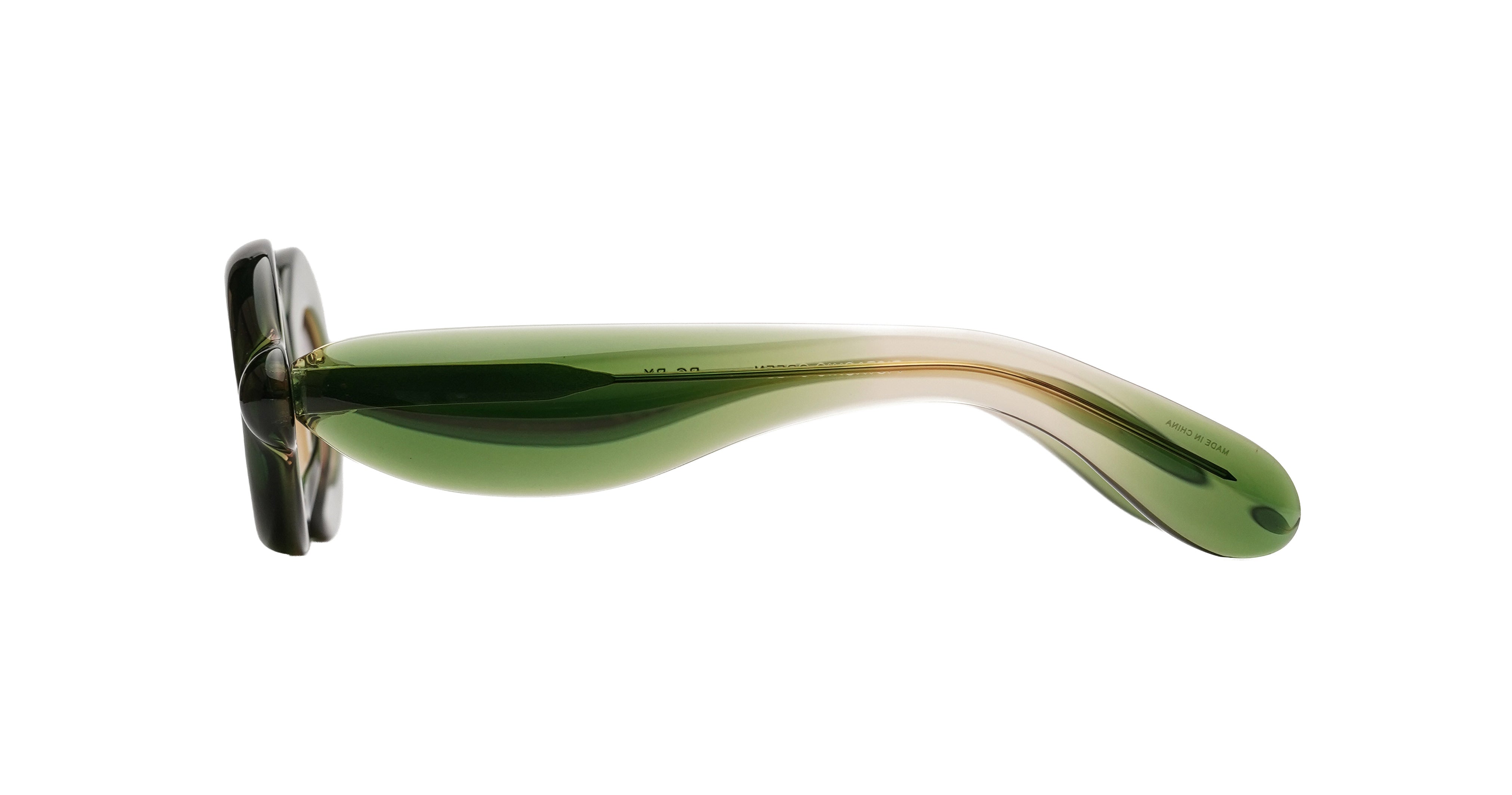 Profile view of the Paloceras pebble model RX sunglasses with a translucent olive green frame showing the curving volumes of the side temple.
