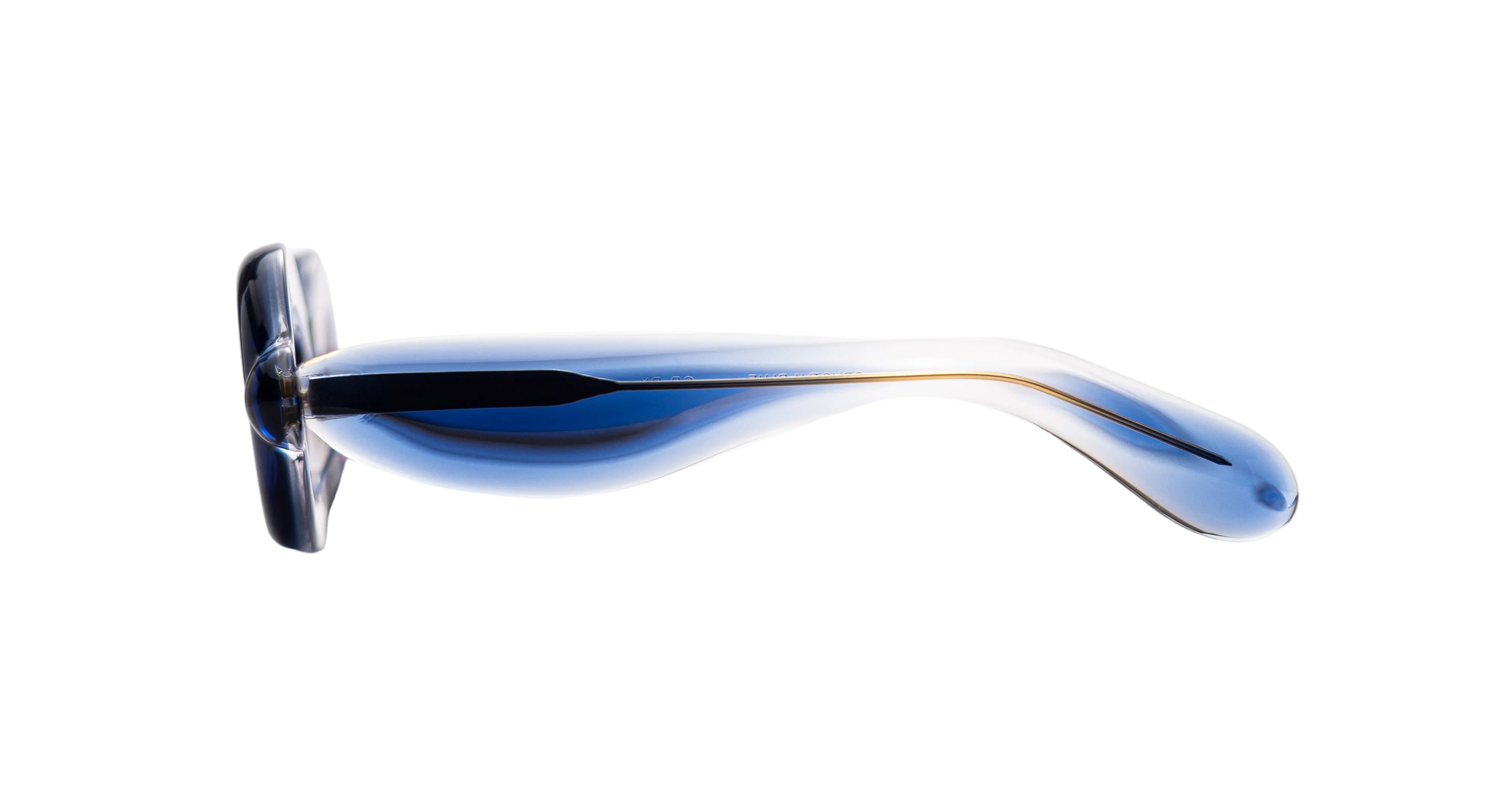Paloceras Pebble RX oval sunglasses in Ice Blue, with a translucent blue frame and pink lenses, side view.