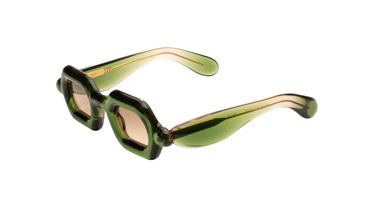 Bubbly looking green sunglasses with translucent olive green acetate frames and warm brown lenses shown at an angle