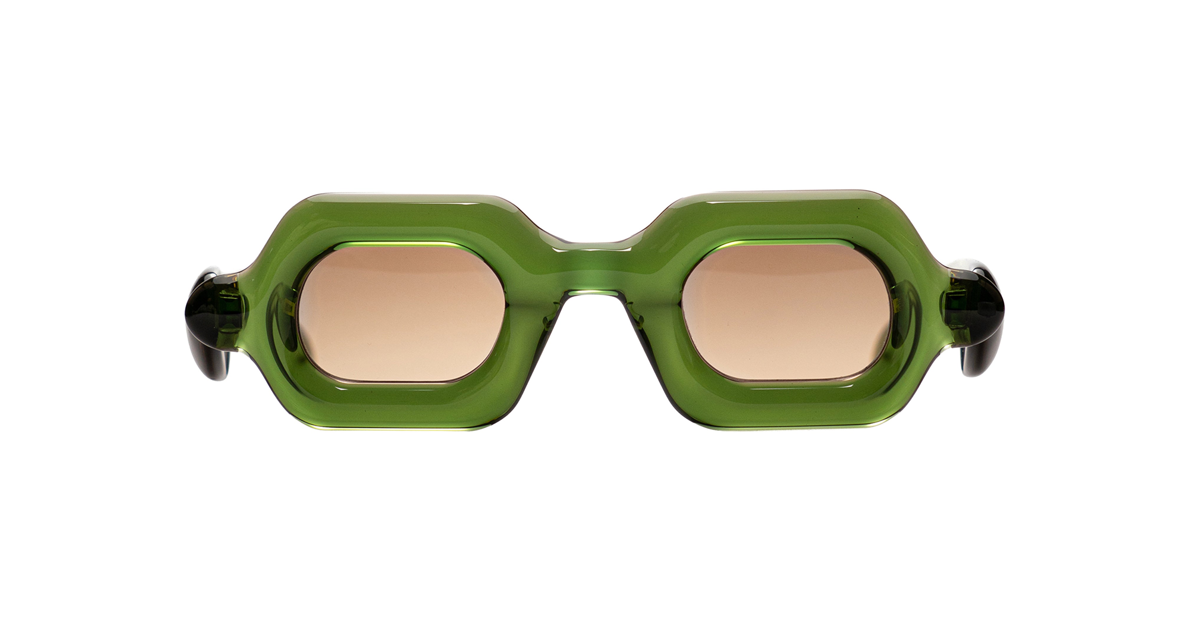 Hexagonal Paloceras Pebble SX sunglasses with a translucent olive green frame and light brown tinted lenses.