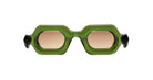 Hexagonal Paloceras Pebble SX sunglasses with a translucent olive green frame and light brown tinted lenses.