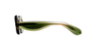 A translucent olive green Paloceras Pebble frame seen from the side, showing the curves of the voluminous temple