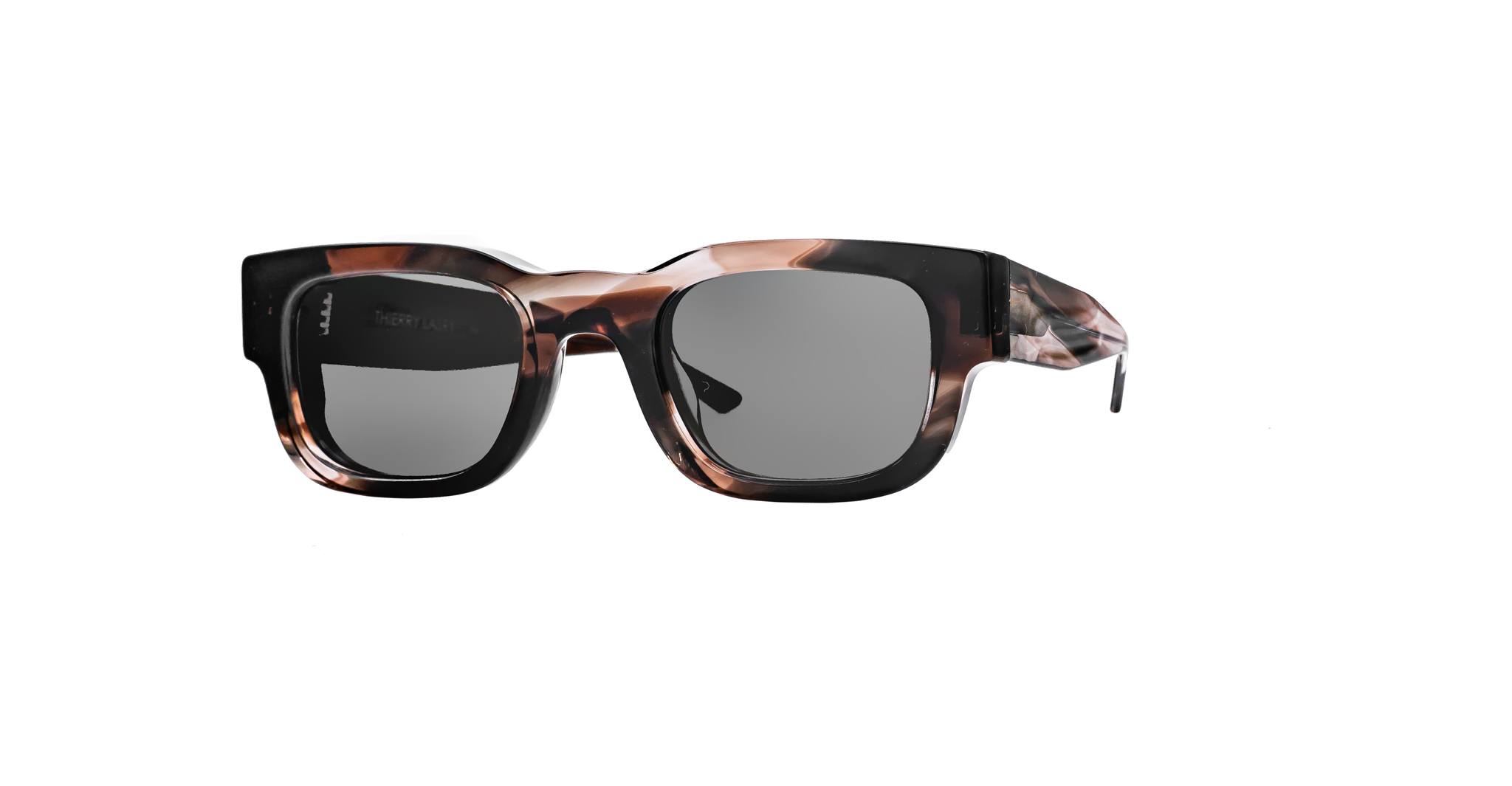 Thierry Lasry Foxxxy sunglasses feature rectangular marbled brown and black frames with dark lenses, shown from a front view.