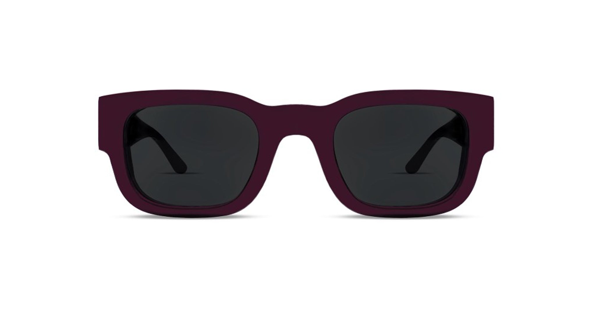 Thierry Lasry Foxxxy sunglasses with bold purple rectangular frame and dark lenses, front view.