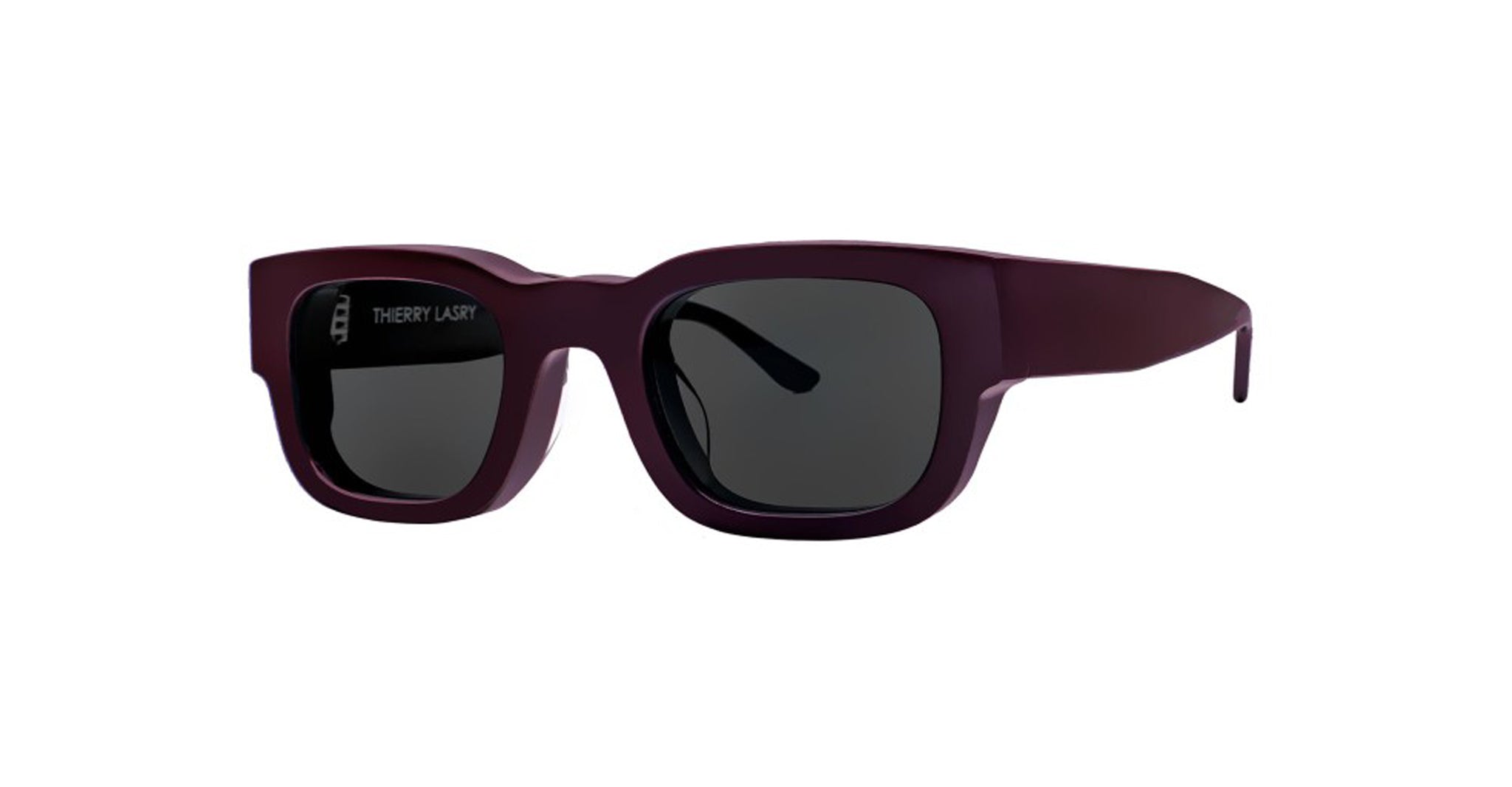 Thierry Lasry Foxxxy rectangular sunglasses in purple with thick frames, dark lenses, and inner arm logo, front angle view.