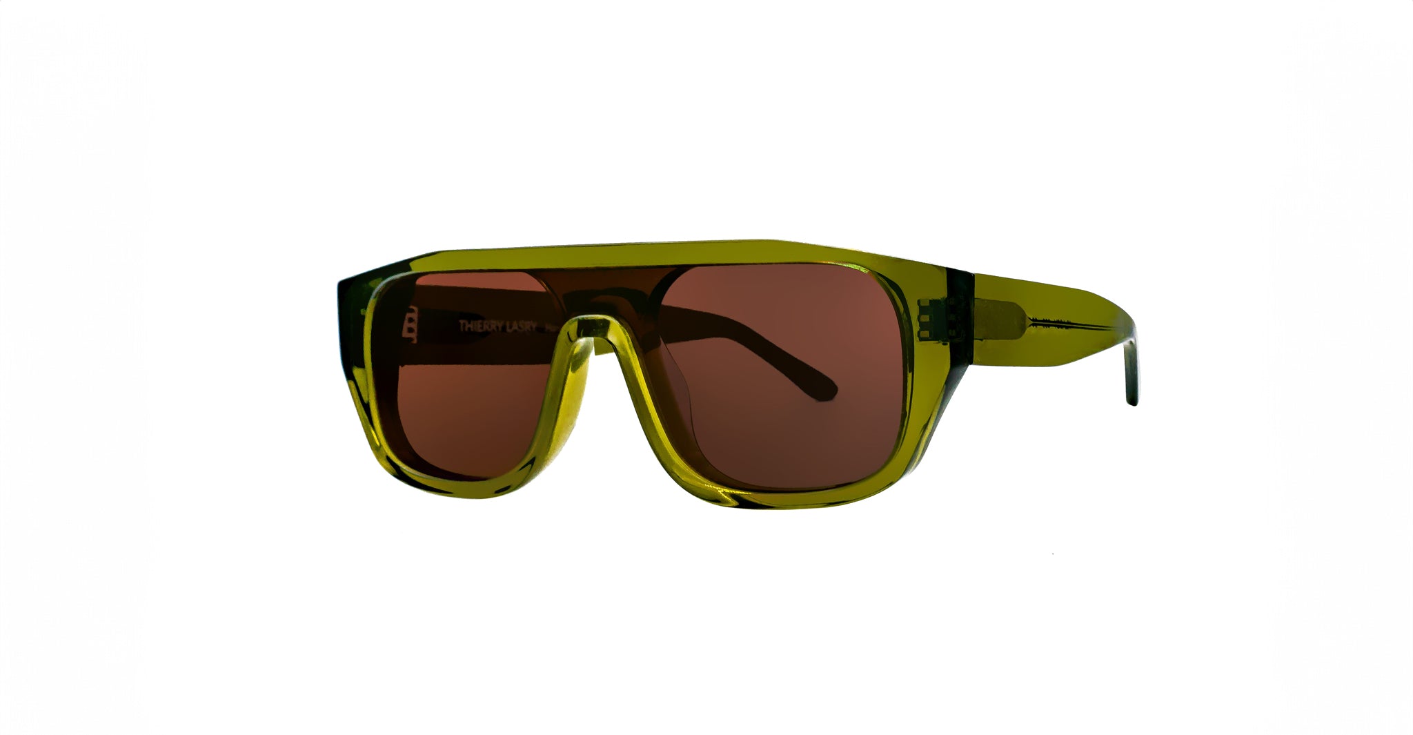 Thierry Lasry Klassy oversized green sunglasses with a thick translucent frame and brown-tinted lenses, shown against a plain white background.
